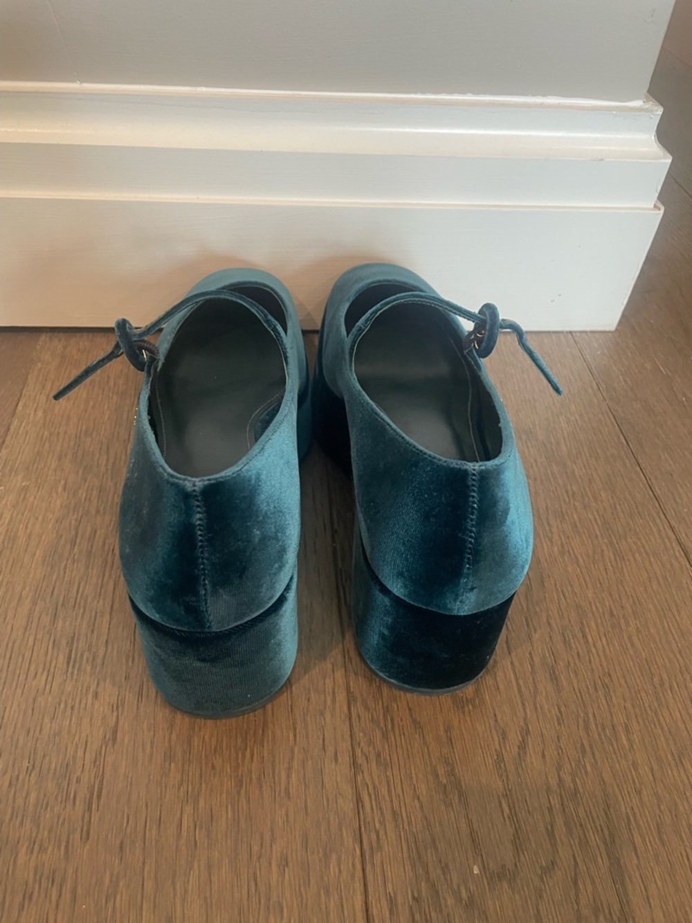 Larroude Blair Teal Velvet Mary Jane Flatform with Strap - Picture 3 of 5